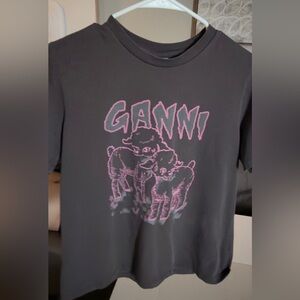Ganni Charcoal Tee with Pink Graphic